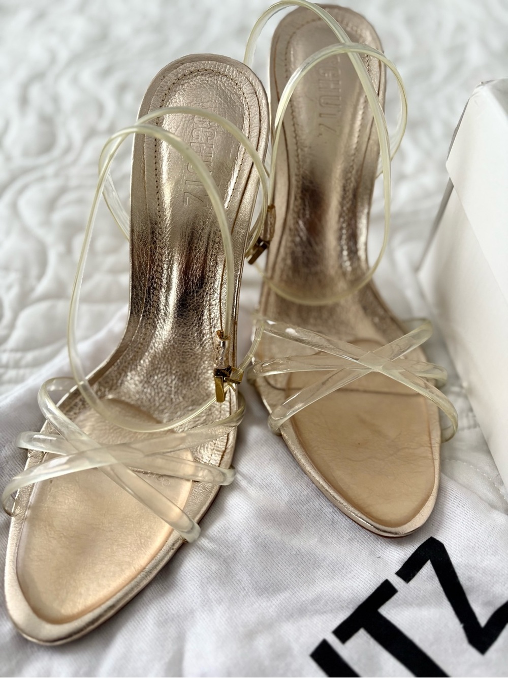 SHUTZ “Amelia” Clear Strap Metallic Heels